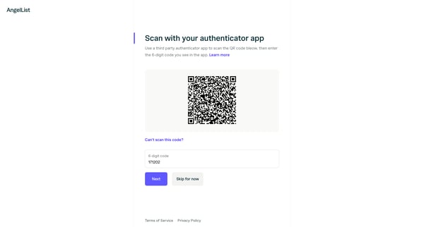 Set up 2-Factor authentication | AngelList screen