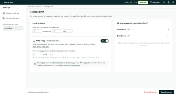 Message Limit | Workspace settings  Customer.io screen