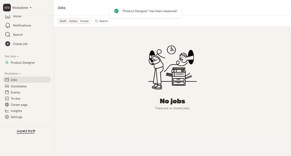 Jobs · Homerun screen