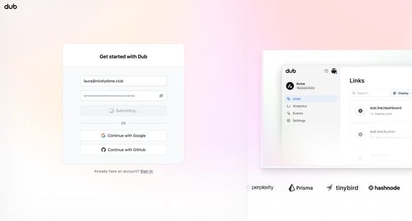 Create your Dub.co account | Dub.co screen