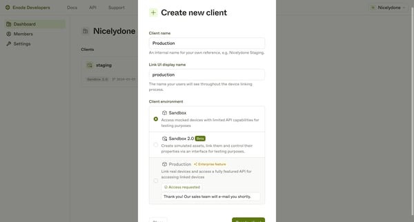 Enode Developers screen
