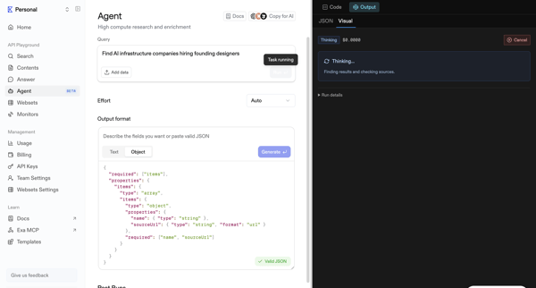 Playground | Exa API screen