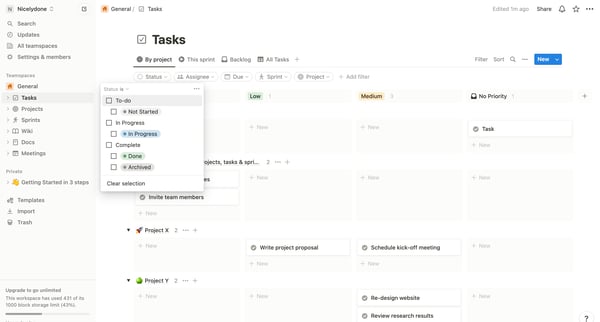 Tasks | By project screen