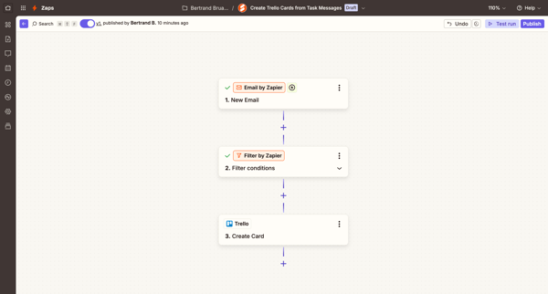 Create Trello Cards from Task Messages | Zapier screen