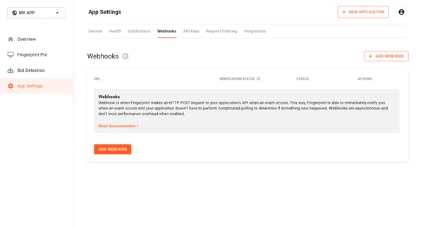Webhooks | Fingerprint screen