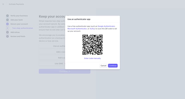 Activate your account – New Business – Stripe screen