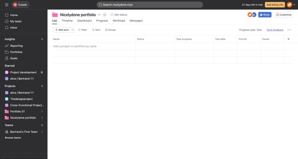 Nicelydone portfolio - Asana screen