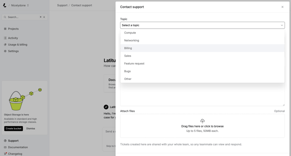 Contact support – Dashboard - Latitude.sh screen