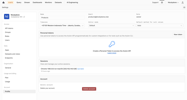 Profile - Settings - Axiom screen