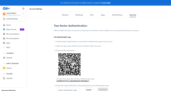 Account Settings - Otter.ai screen