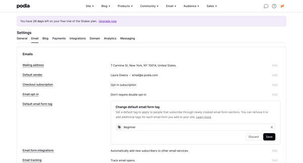 Podia Email settings screen