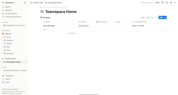 Teamspace Home | All pages screen
