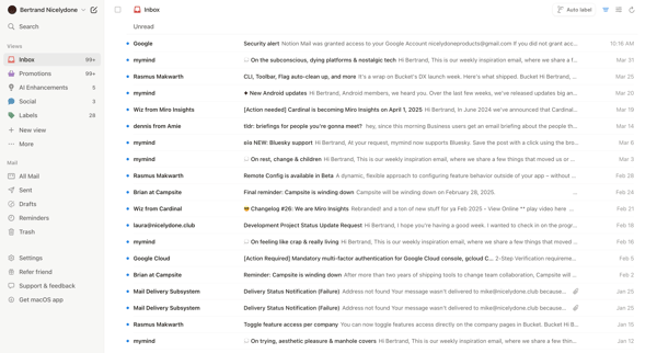 99+ • Inbox • nicelydoneproducts@gmail.com • Notion Mail screen