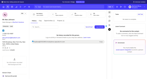 Alex Johnson | Nicelydone CRM screen