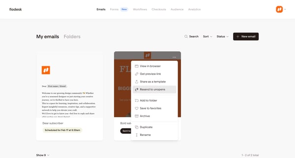 My emails | Flodesk screen