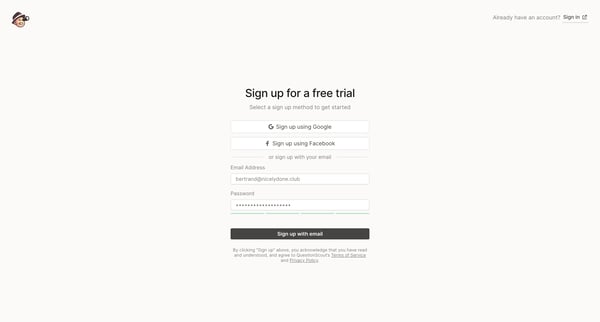 Signup - QuestionScout screen
