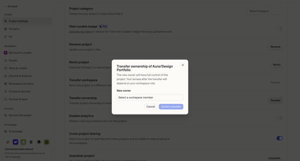 Project settings - Lovable screen