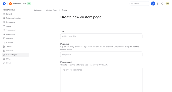 Docs Dashboard - Create Custom Page screen