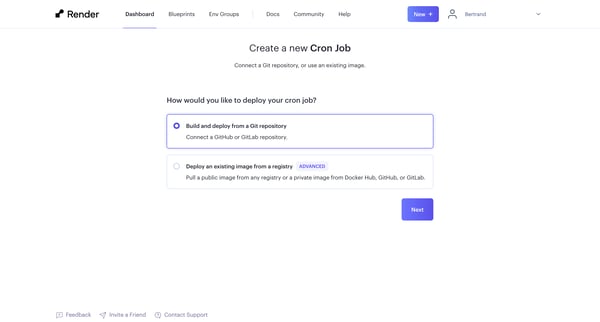 New Cron Job ・ Render Dashboard screen