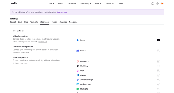 Podia Integration settings screen