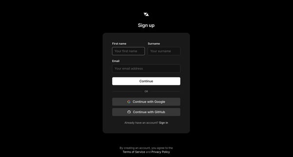 Sign up screen