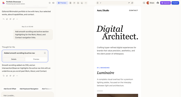 Portfolio Showcase - Lovable screen