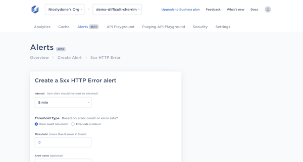 demo-difficult-cherrim Create new 5xx HTTP Error Alert – GraphCDN screen