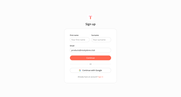 Sign up screen