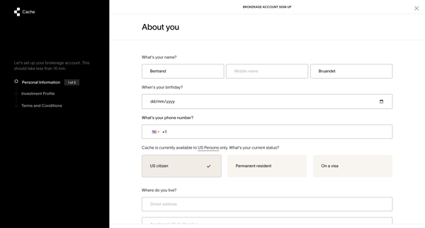 Cache – Brokerage account signup screen