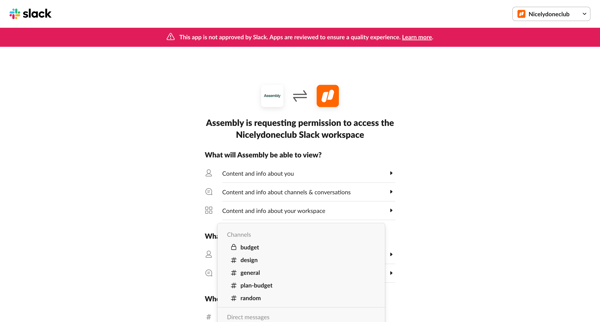 Assembly is requesting permission to access the Nicelydoneclub Slack w screen