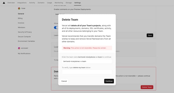 General - Team Settings – Dashboard – Vercel screen