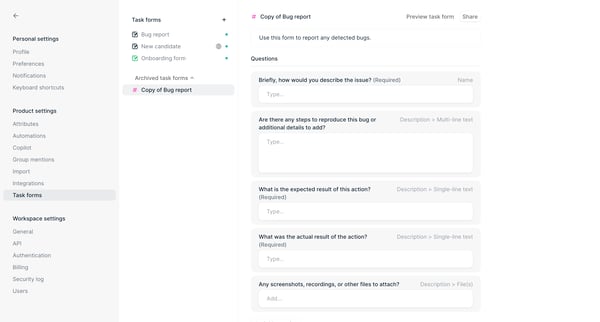 Task forms - Settings - Height screen