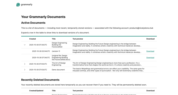 Your Grammarly Documents screen