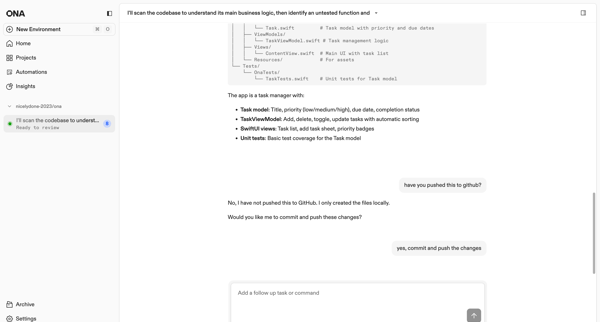 I'll scan the codebase to understand its main business logic, then identify an untested function and | Ona screen