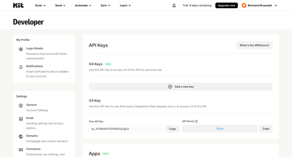 Developer Settings - Kit screen