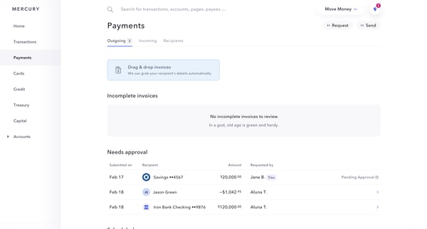 Mercury | Banking for startups screen