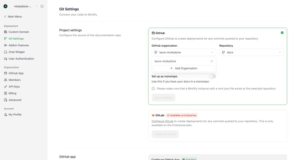 Git Settings - Mintlify screen