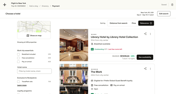 Results for 1 room in New York, NY, USA, 9/2/2025 - 9/14/2025 — TravelPerk screen