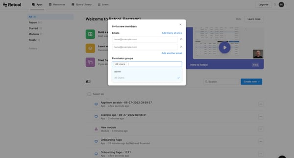 Apps | Retool screen