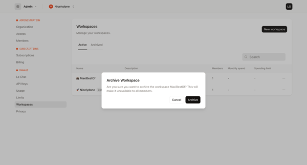 Workspaces - Admin - Mistral AI screen