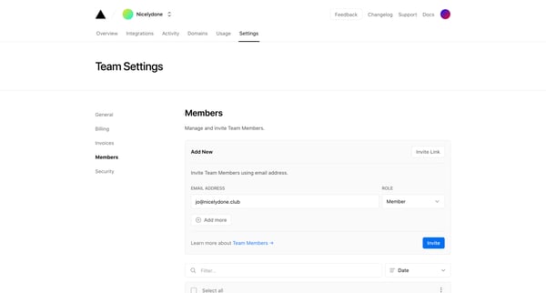 Members - Team Settings – Dashboard – Vercel screen