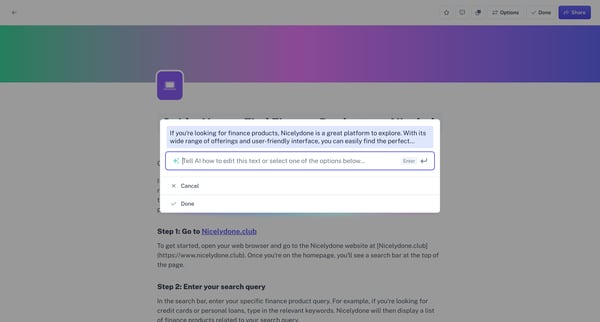 Guide How to Find Finance Products on Nicelydone | Scribe screen