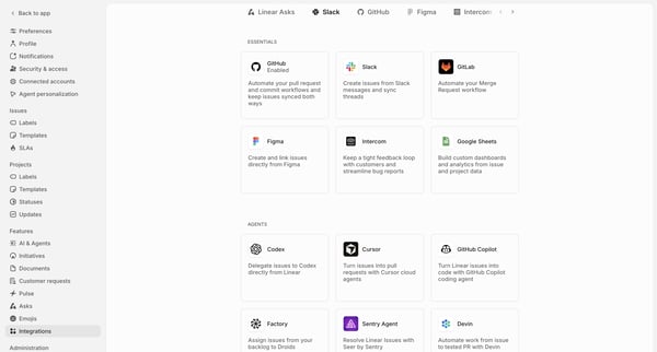 Integrations screen