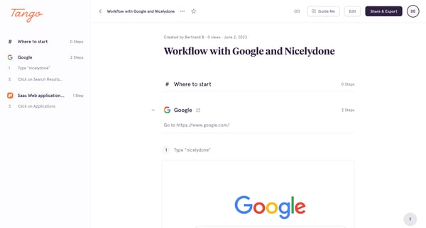Workflow with Google and Nicelydone screen