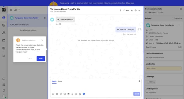 Turquoise Cloud from Pantin | Conversation Nicelydone Intercom screen