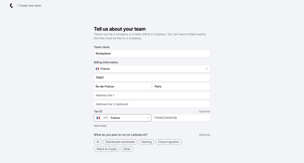 Create Team – Dashboard - Latitude.sh screen