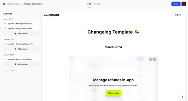 Edit Changelog Template | Arcade screen
