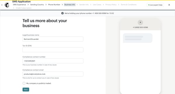 Tell us more about your business - SMS Channel Setup | Mailchimp screen