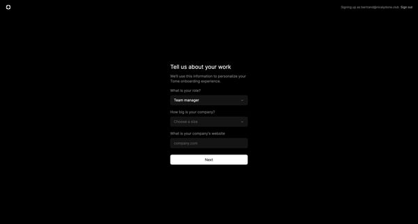 Tome - Tell Us About Your Work screen
