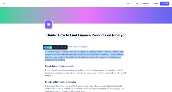 Guide How to Find Finance Products on Nicelydone | Scribe screen
